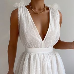 Mariabella Plunge Tulle Mini Dress in White